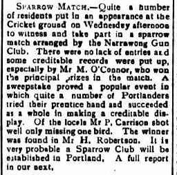 sparrow Established August 1842. (1904, September 16). Portland Guardian (Vic. : 1876 - 1953), p. 2 Edition: EVENING. Retrieved September 16, 2011, from http://nla.gov.au/nla.news-article63689870