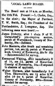 LOCAL LAND BOARD. (1873, February 24). Portland Guardian and Normanby General Advertiser (Vic. : 1842 - 1876), p. 5 Edition: EVENINGS. Retrieved February 20, 2012, from http://nla.gov.au/nla.news-article65429471