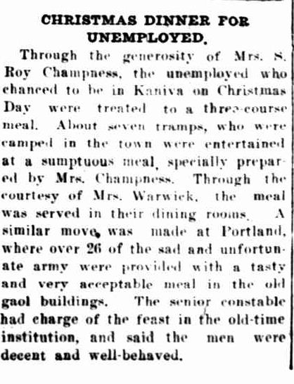 CHRISTMAS DINNER FOR UNEMPLOYED. (1931, January 16). The Horsham Times (Vic. : 1882 - 1954), p. 4. Retrieved December 15, 2012, from http://nla.gov.au/nla.news-article72628871