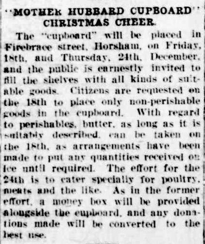 "MOTHER HUBBARD CUPBOARD" CHRISTMAS CHEER. (1931, December 11). The Horsham Times (Vic. : 1882 - 1954), p. 2. Retrieved December 15, 2012, from http://nla.gov.au/nla.news-article72654972