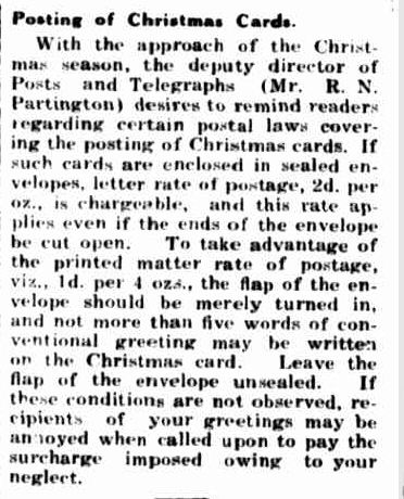 Posting of Christmas Cards. (1939, November 30). Portland Guardian (Vic. : 1876 - 1953), p. 2 Edition: EVENING.. Retrieved December 15, 2012, from http://nla.gov.au/nla.news-article64394633