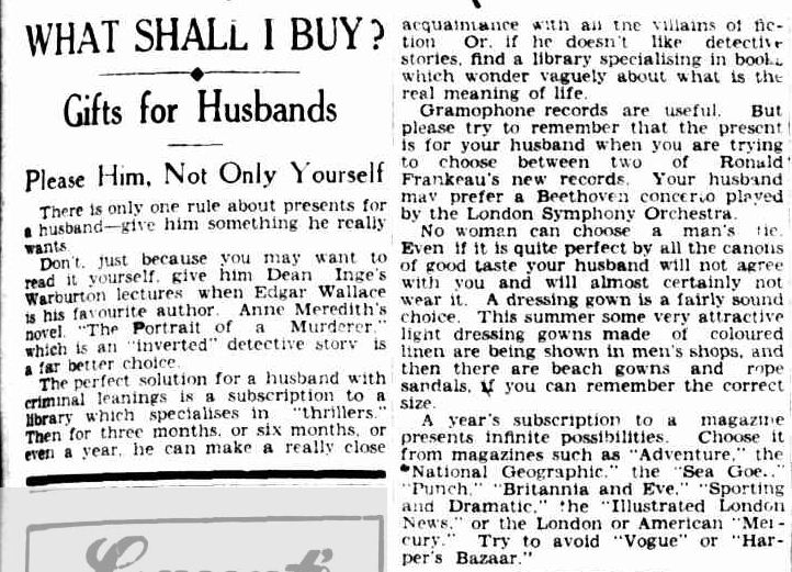 CHRISTMAS GIFTS and GIVING. (1933, December 8). The Argus (Melbourne, Vic. : 1848 - 1956), p. 13. Retrieved December 15, 2012, from http://nla.gov.au/nla.news-article11718687