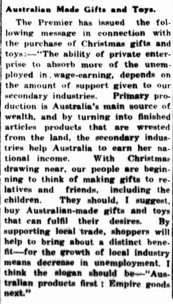 Australian Made Gifts and Toys. (1934, December 20). Portland Guardian (Vic. : 1876 - 1953), p. 2 Edition: EVENING.. Retrieved December 15, 2012, from http://nla.gov.au/nla.news-article64287698