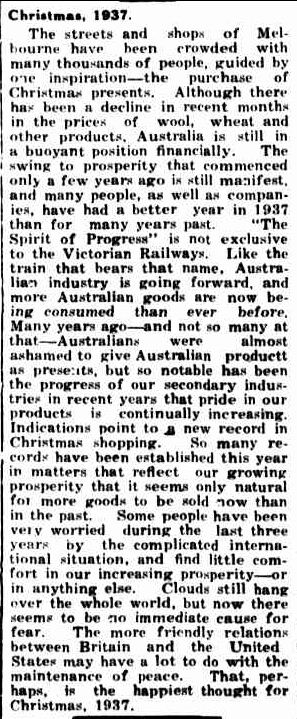 Christmas, 1937. (1937, December 23). Portland Guardian (Vic. : 1876 - 1953), p. 2 Edition: EVENING.. Retrieved December 15, 2012, from http://nla.gov.au/nla.news-article64277899
