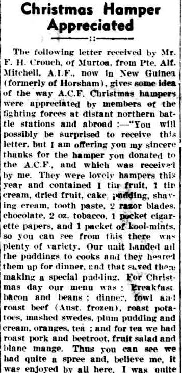 Christmas Hamper Appreciated. (1943, February 2). The Horsham Times (Vic. : 1882 - 1954), p. 1. Retrieved December 19, 2012, from http://nla.gov.au/nla.news-article73103694