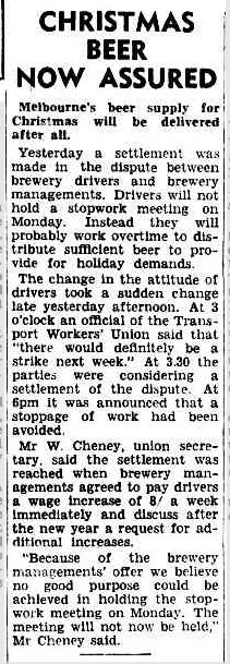 CHRISTMAS BEER HOW ASSURED. (1947, December 20). The Argus (Melbourne, Vic. : 1848 - 1956), p. 1. Retrieved December 20, 2012, from http://nla.gov.au/nla.news-article22529758