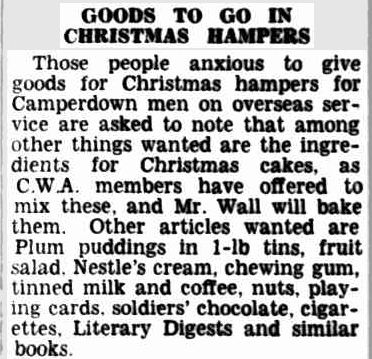 GOODS TO GO IN CHRISTMAS HAMPERS. (1941, August 26). Camperdown Chronicle (Vic. : 1877 - 1954), p. 3. Retrieved December 18, 2012, from http://nla.gov.au/nla.news-article26547914