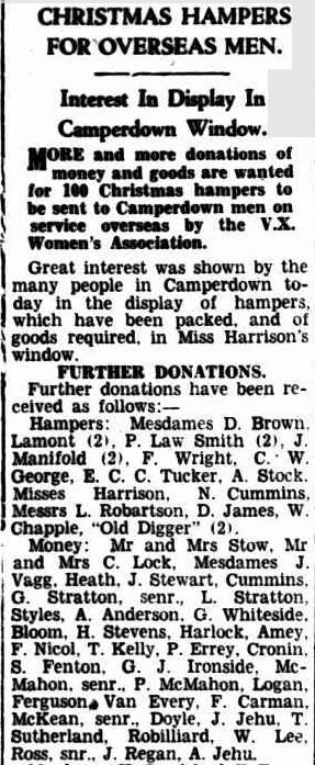CHRISTMAS HAMPERS FOR OVERSEAS MEN. (1941, September 2). Camperdown Chronicle (Vic. : 1877 - 1954), p. 3. Retrieved December 18, 2012, from http://nla.gov.au/nla.news-article26548028