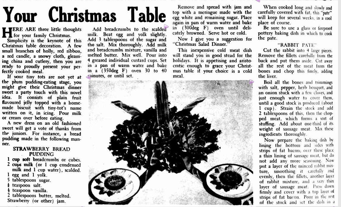 Your Christmas Table. (1949, December 20). The Argus (Melbourne, Vic. : 1848 - 1956), p. 4 Supplement: The Argus Woman's Magazine. Retrieved December 20, 2012, from http://nla.gov.au/nla.news-article22799645