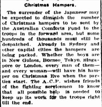 Christmas Hampers. (1945, September 17). Portland Guardian (Vic. : 1876 - 1953), p. 1 Edition: EVENING. Retrieved December 19, 2012, from http://nla.gov.au/nla.news-article64405473