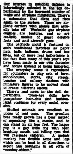 Toyland is Divided Over War and Peace. (1941, December 19). Williamstown Chronicle (Vic. : 1856 - 1954), p. 2 Supplement: Greetings Our Christmas Supplement. Retrieved December 18, 2012, from http://nla.gov.au/nla.news-article70713661