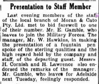 Presentation to Staff Member. (1942, October 3). Border Watch (Mount Gambier, SA : 1861 - 1954), p. 1. Retrieved January 13, 2013, from http://nla.gov.au/nla.news-article78117772
