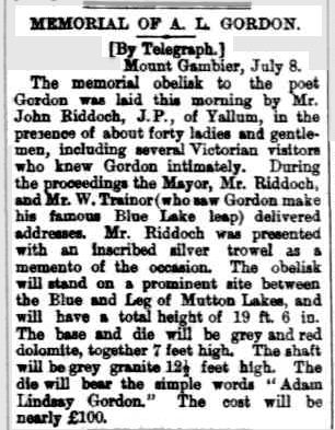 MEMORIAL OF A. L. GORDON. (1887, July 9). South Australian Register (Adelaide, SA : 1839 - 1900), p. 5. Retrieved February 8, 2013, from http://nla.gov.au/nla.news-article46794085