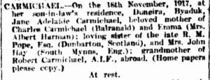 Family Notices. (1917, November 20). The Argus (Melbourne, Vic. : 1848 - 1956), p. 1. Retrieved March 13, 2013, from http://nla.gov.au/nla.news-article1664422