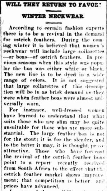 OSTRICH FEATHER BOAS. (1926, October 26). The Horsham Times (Vic. : 1882 - 1954), p. 6. Retrieved May 31, 2013, from http://nla.gov.au/nla.news-article73016017