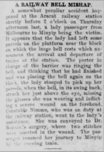 A RAILWAY BELL MISHAP. (1922, November 21). The Horsham Times (Vic. : 1882 - 1954), p. 5. Retrieved May 8, 2013, from http://nla.gov.au/nla.news-article72741866