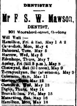 DENTISTRY. (1914, April 2). The Casterton News and the Merino and Sandford Record (Vic. : 1914 - 1918), p. 1 Edition: Bi-Weekly. Retrieved May 23, 2013, from http://nla.gov.au/nla.news-article74760513