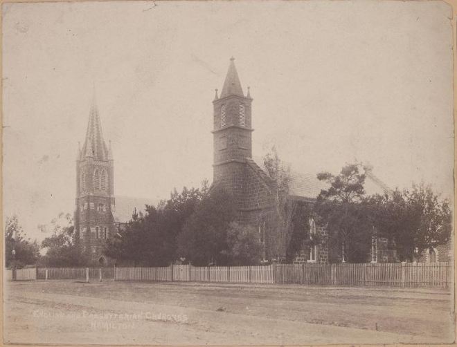 ST ANDREWS PRESBYTERIAN CHURCH & HAMILTON ANGLICAN CHURCH c1890 Image Courtesy of the State Library of Victoria. Image no. H11827 http://handle.slv.vic.gov.au/10381/69513