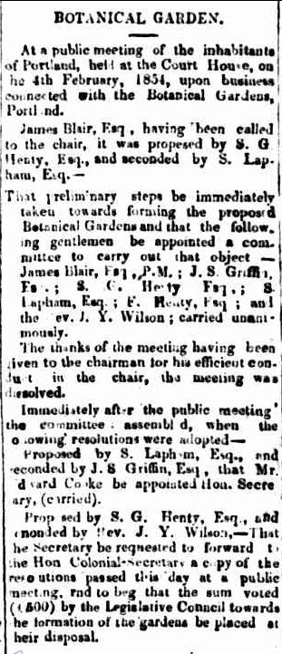  BOTANICAL GARDEN. (1854, February 9). Portland Guardian and Normanby General Advertiser (Vic. : 1842 - 1876), p. 2 Edition: EVENING. Retrieved June 30, 2013, from http://nla.gov.au/nla.news-article71569639