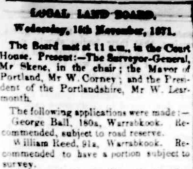 LOCAL LAND BOARD. (1871, November 30). Portland Guardian and Normanby General Advertiser (Vic. : 1842 - 1876), p. 6 Edition: EVENINGS. Retrieved June 14, 2013, from http://nla.gov.au/nla.news-article65426388