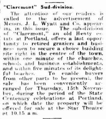 "Claremont" Sud-division. (1934, October 15). Portland Guardian (Vic. : 1876 - 1953), p. 2 Edition: EVENING.. Retrieved July 19, 2013, from http://nla.gov.au/nla.news-article64287062