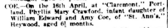 Family Notices. (1904, April 20). The Argus (Melbourne, Vic. : 1848 - 1957), p. 1. Retrieved August 2, 2013, from http://nla.gov.au/nla.news-article10315347