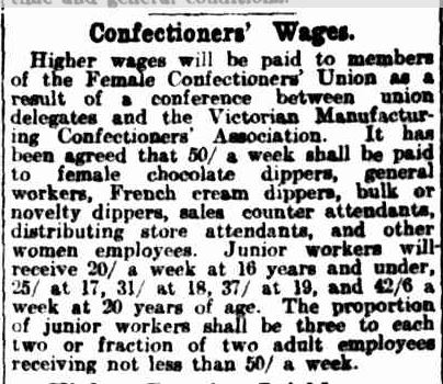 Confectioners' Wages. (1921, December 13). The Argus (Melbourne, Vic. : 1848 - 1957), p. 9. Retrieved October 3, 2013, from http://nla.gov.au/nla.news-article4613994