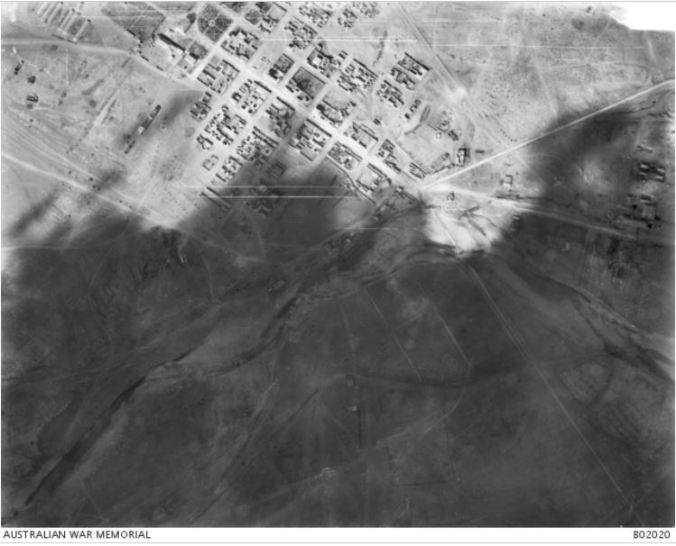 Aireal View of Beersheba taken from the plane of No 1 Squadron AFC. Image courtesy of the Australian War Memorial. Image no. B02020 http://www.awm.gov.au/collection/B02020/