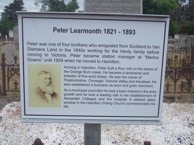 PLAQUE ON THE GRAVE OF PETER LEARMONTH, OLD HAMILTON CEMETERY