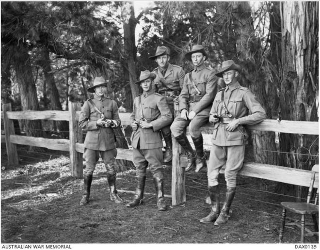Identified from left to right: Lieutenant (Lt) Eliot Gratton Wilson from Warrnambool, Victoria; Lt Edward Ellis Henty ; unidentified; Major (Maj) Thomas Harold Redford and Lt Keith Allan Borthwick http://www.awm.gov.au/collection/DAX0139/
