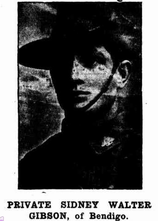 "PRIVATE SIDNEY WALTER GIBSON, of Bendigo." Bendigonian (Bendigo, Vic. : 1914 - 1918) 13 May 1915: 24. Web. .
