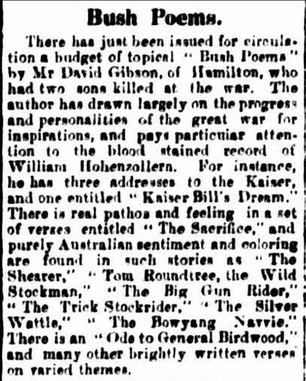 "Bush Poems." The Casterton News and the Merino and Sandford Record (Vic. : 1914 - 1918) 9 Dec 1918: 3 Edition: Bi-Weekly.. Web. .