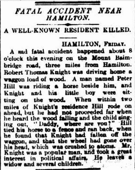 "FATAL ACCIDENT NEAR HAMILTON." The Argus (Melbourne, Vic. : 1848 - 1957) 25 Feb 1893: 8. Web. 27 Jun 2015 .