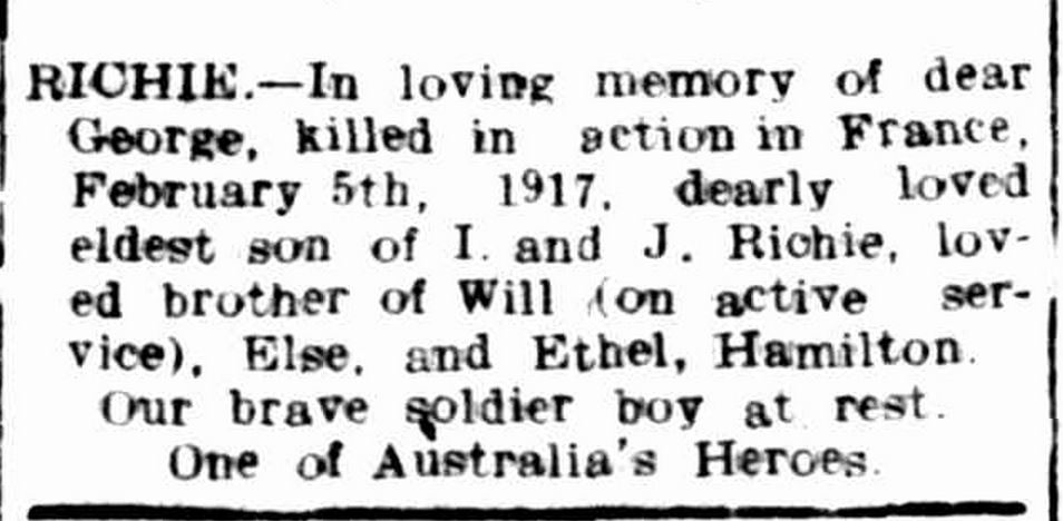 "Family Notices." Hamilton Spectator (Vic. : 1870 - 1873; 1914 - 1918) 5 Feb 1918: 4. .
