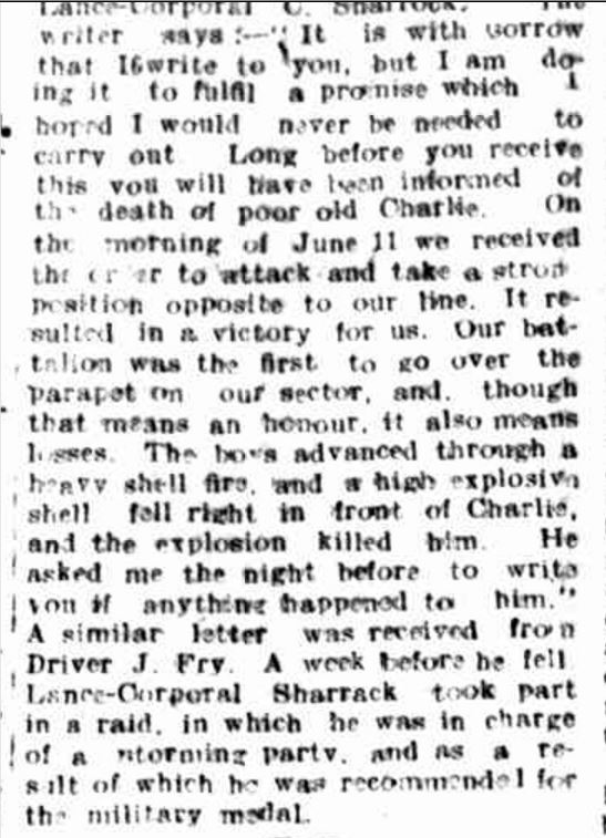 "THE LATE CORPORAL C. SHARROCK." Hamilton Spectator (Vic. : 1870 - 1873; 1914 - 1918) 13 Aug 1917 .