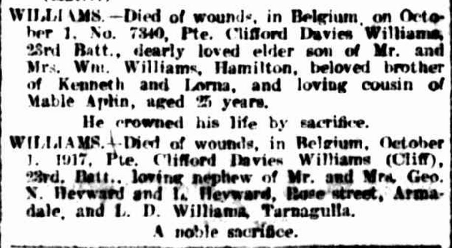 "Family Notices." The Argus (Melbourne, Vic. : 1848 - 1957) 29 Dec 1917: 1. .