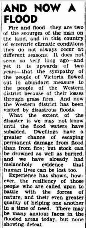 "TUESDAY, MARCH 19, 1946 AND NOW A FLOOD" The Argus (Melbourne, Vic. : 1848 - 1957) 19 March 1946 .