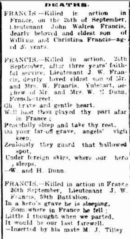 "Family Notices" Hamilton Spectator (Vic. : 1870 - 1873; 1914 - 1918) 11 October 1917: .
