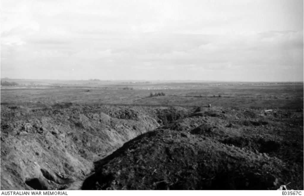 THE VIEW FROM VENDHUILLE NEAR THE HINDENBERG LINE WHERE THE 10TH INFANTRY BRIGADE WERE ON 29 SEPTEMBER 1918. Image courtesy of the Australian War Memorial https://www.awm.gov.au/collection/E03567C/